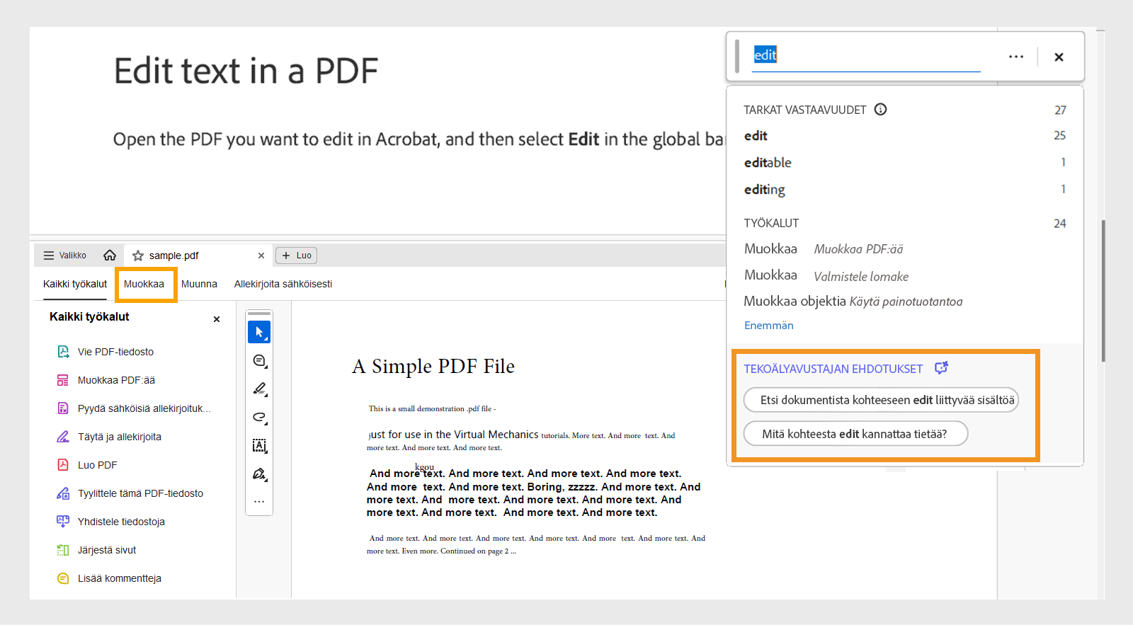 Etsi tekstiä ja työkaluja Tekoälyavustajalla