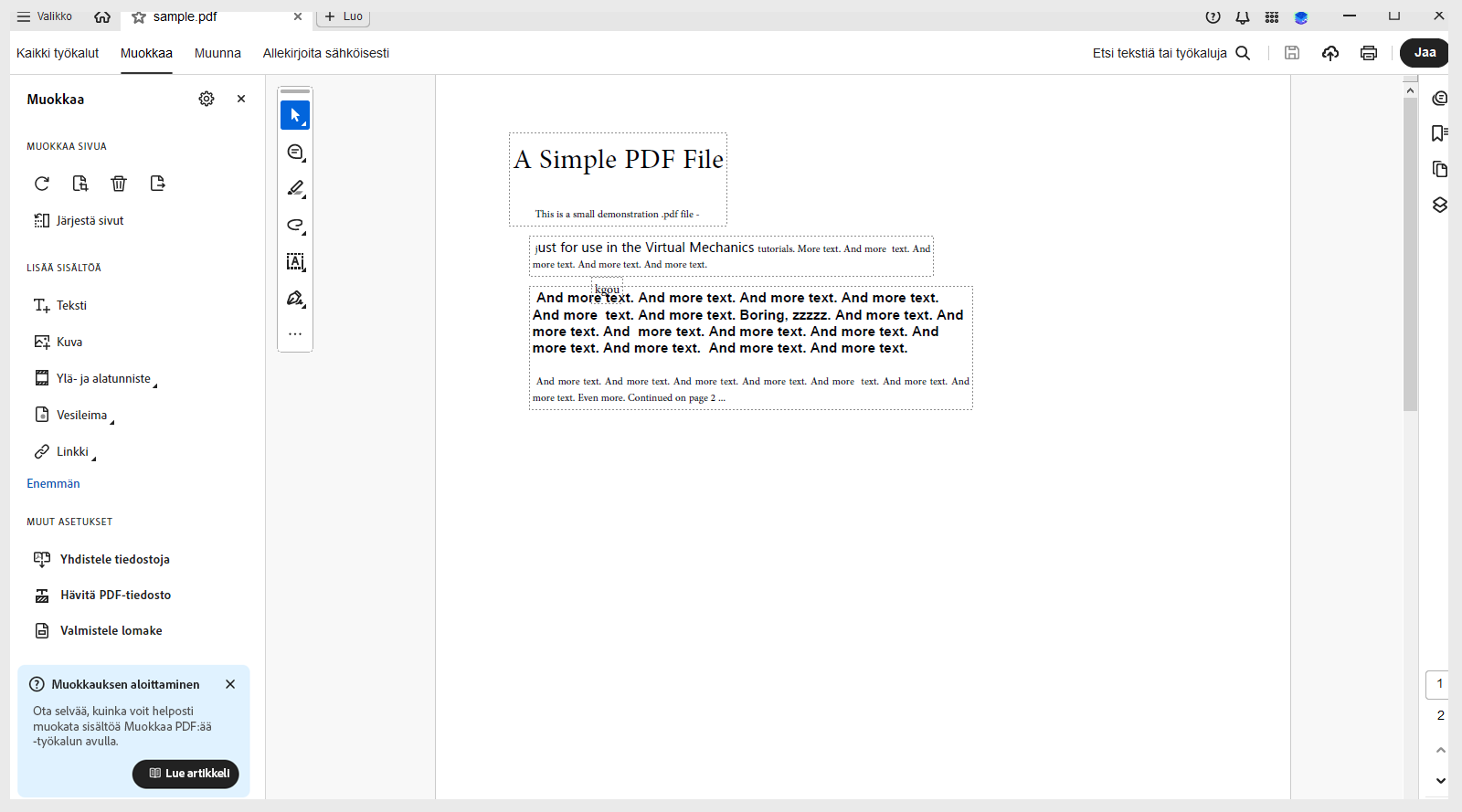 tilannekohtainen ohje pdf:lle muokkaustilassa 