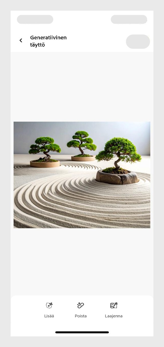 Minimalistinen zen-puutarha, jossa on haravoitua hiekkaa, bonsaipuita ja seesteinen tunnelma. 