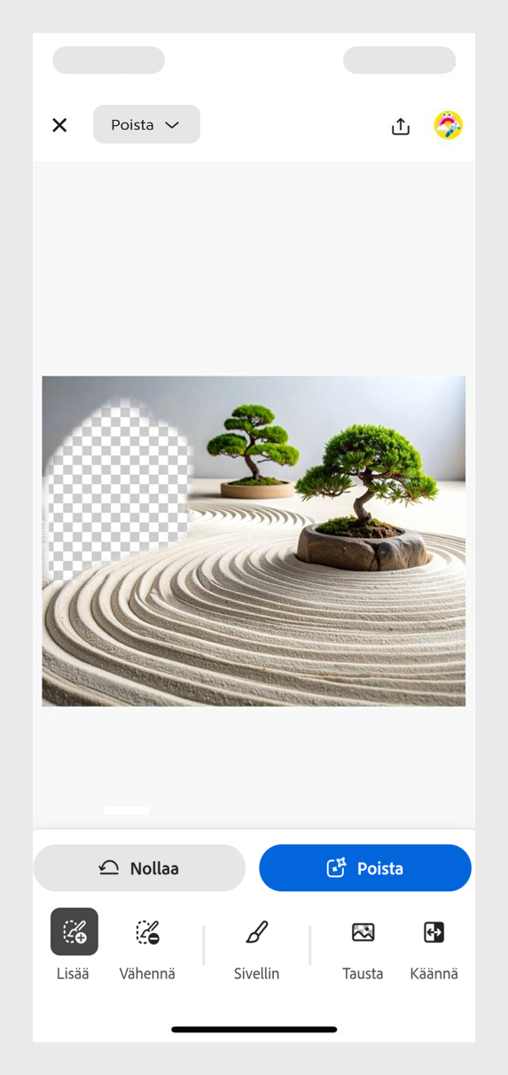 Kuvassa on zen-puutarha, jossa on hiekkaa, puu, pensas ja pino sileitä ruskeita kiviä. Sivellintyökalulla merkitään alue, joka pitää poistaa.