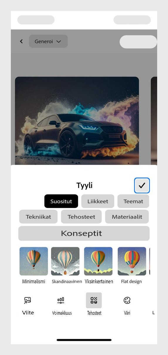 Tyyli-osio on avattuna, ja valittavissa on eri vaihtoehtoja, kuten Viite ja Voimakkuus, joilla voit vaikuttaa generoitujen kuvien ilmeeseen ja tunnelmaan.