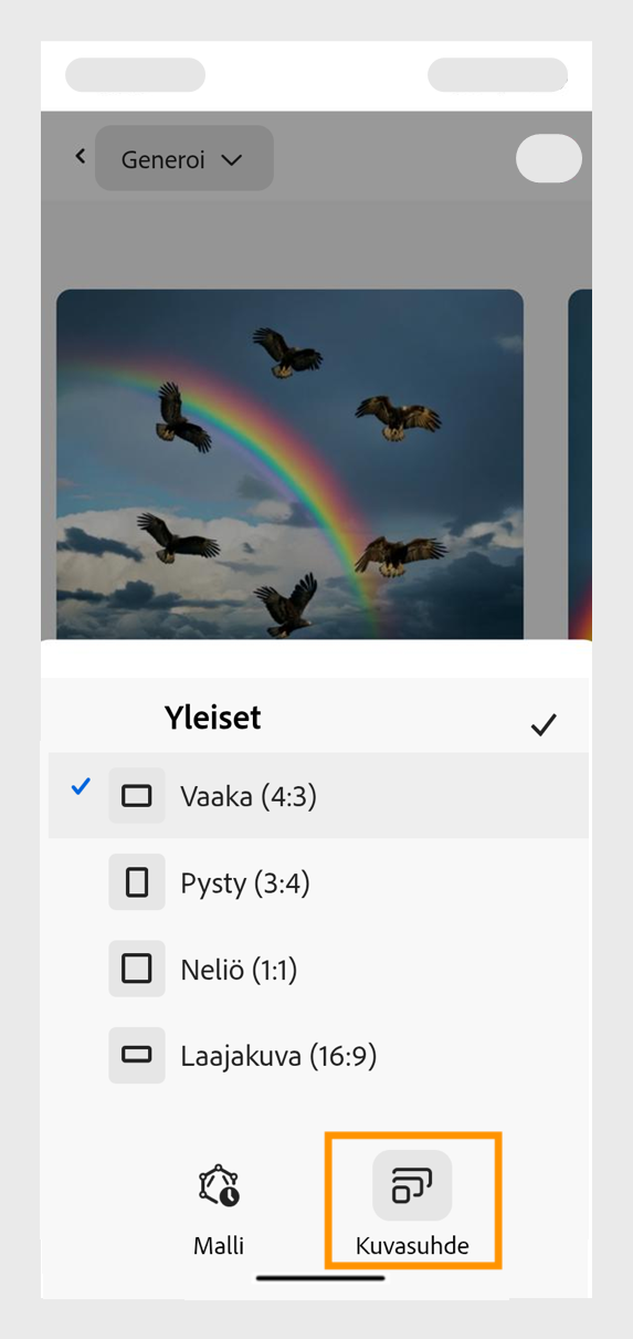  Avattava Kuvasuhde-valikko on avattuna, ja siinä näkyy eri vaihtoehtoja. Kuvavariaatioiden luonnissa on parhaillaan valittuna Vaaka-vaihtoehto, joka sopii ihanteellisesti esimerkiksi verkkosivustojen bannereihin.
