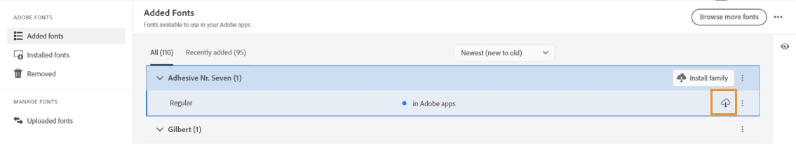 Asennettujen kirjasimien luettelo annetaan