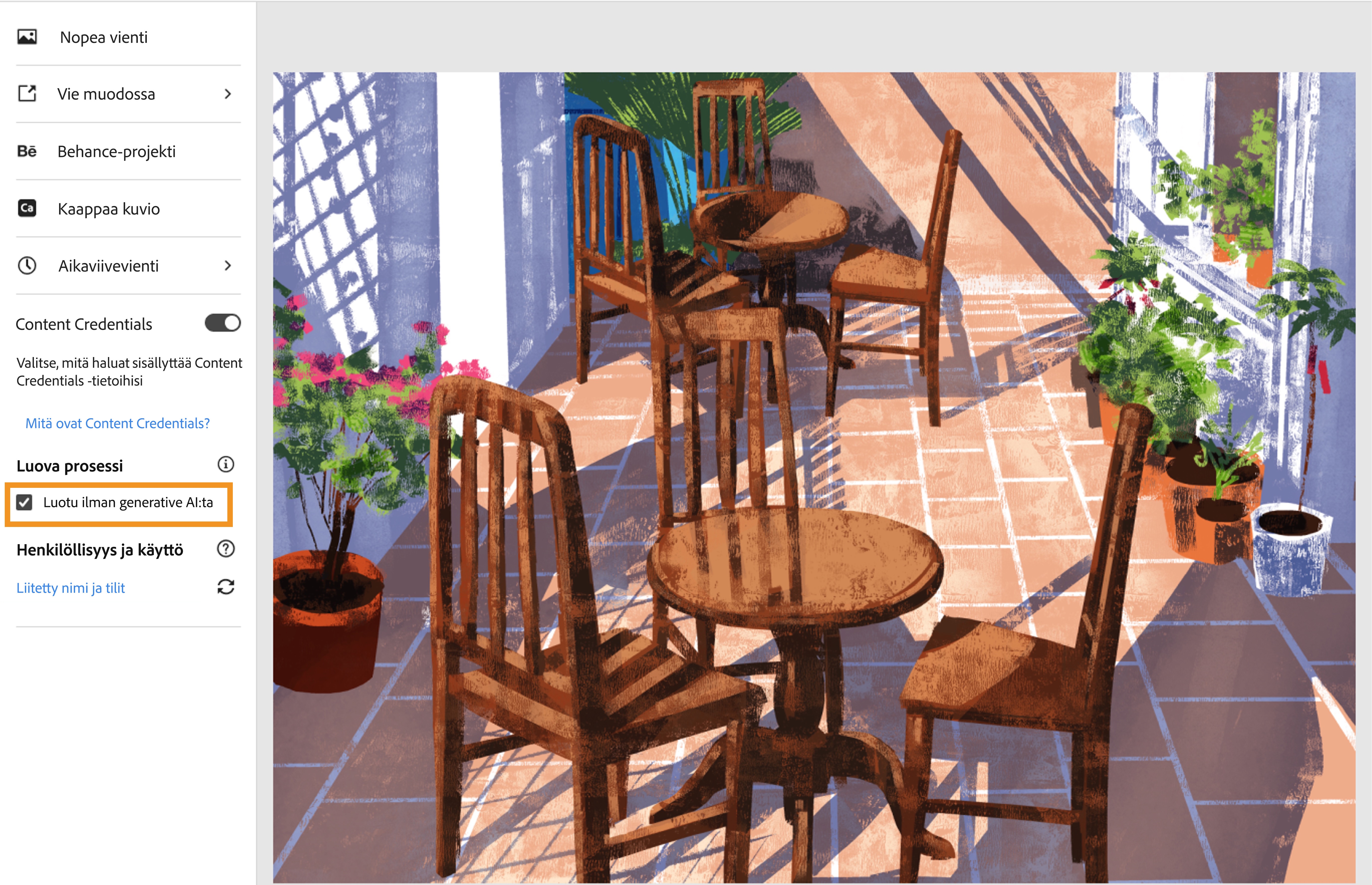 Luotu ilman generatiivista tekoälyä ‑merkintä valitaan automaattisesti, jos dokumentissa ei ole käytetty generatiivista tekoälyä.