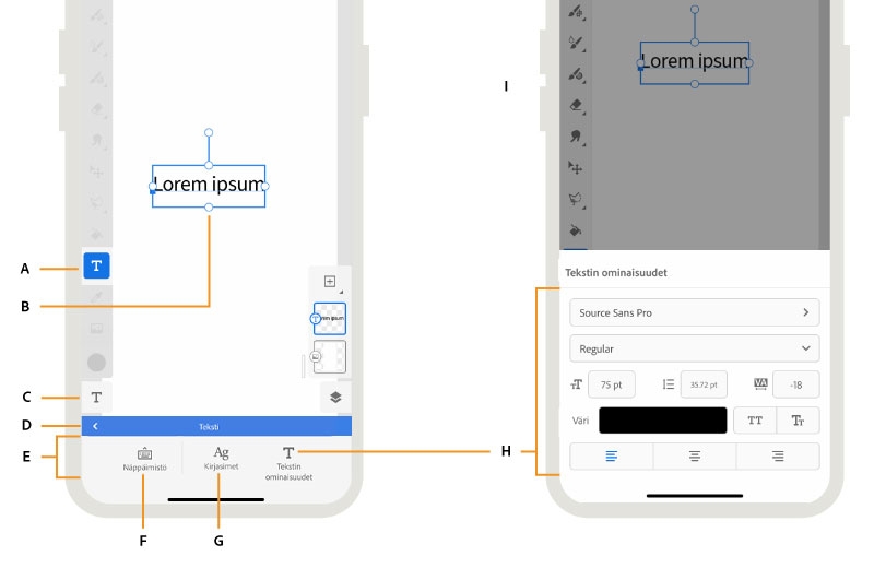 Lisää taideteokseesi tekstiä Frescon iPhone-versiossa