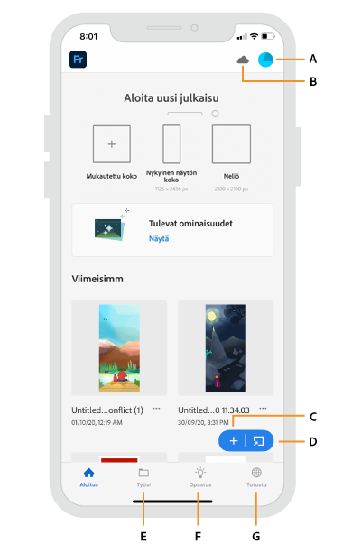 Frescon iPhone-versio – Aloitus-näyttö