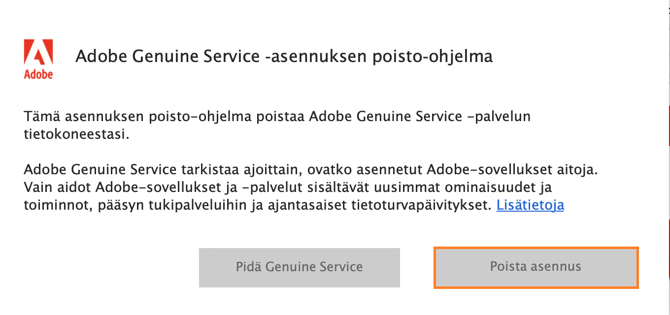 Adobe Genuine Servicen poisto-ohjelman ilmoitus