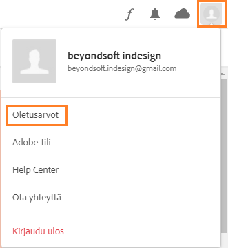 Oletusarvot Creative Cloud -tietokonesovelluksessa