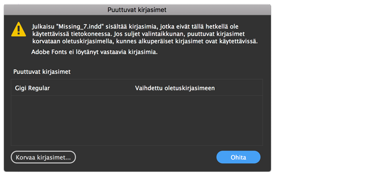 puuttuvat kirjasimet -valintaikkuna