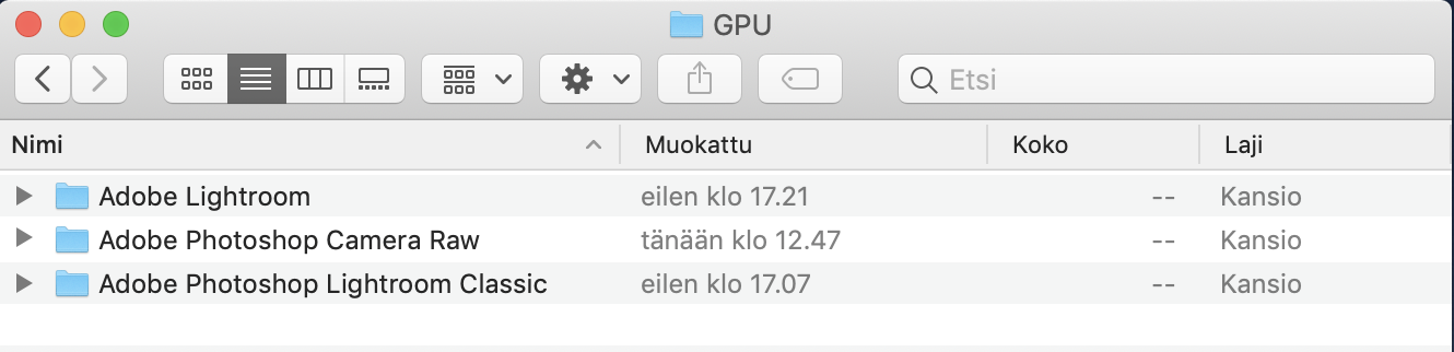 Joka sovelluksella, jonka kanssa käytetään grafiikkasuoritinkiihdytystä, on oma kansio.