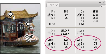 Värinäytteet ja tietopaneeli Photoshopissa