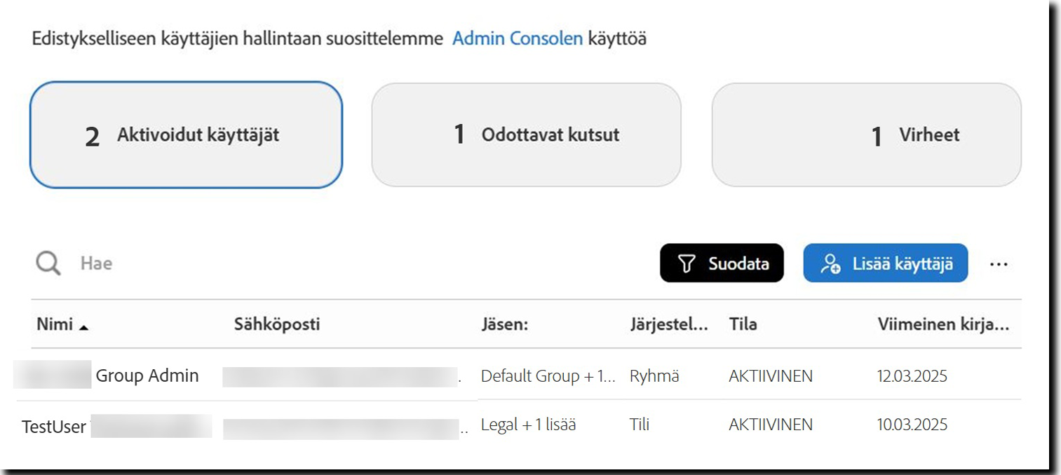 Käyttäjät-sivu, jossa näkyy Aktiiviset käyttäjät -näkymä