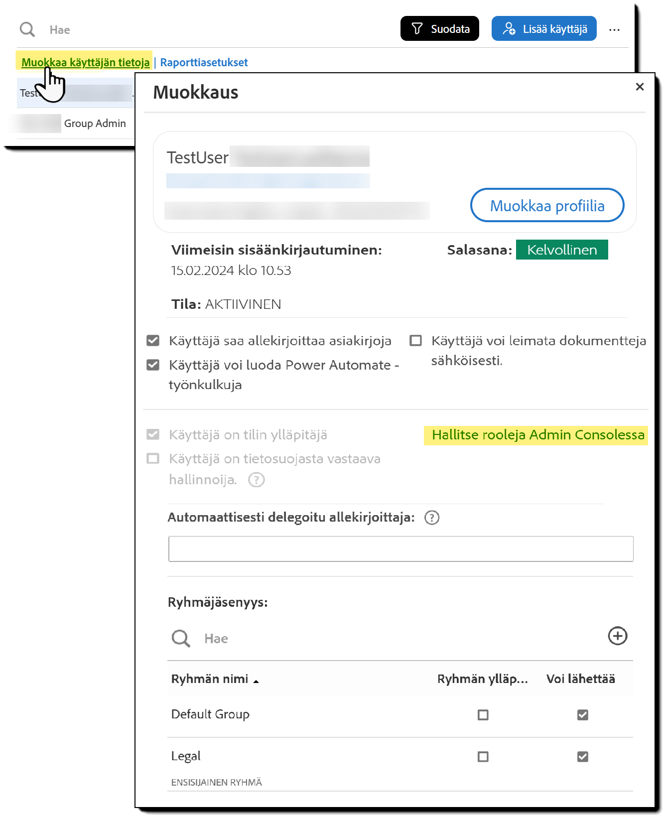 Käyttäjät-välilehti, jossa Muokkaa käyttäjätietoja -linkki on korostettuna