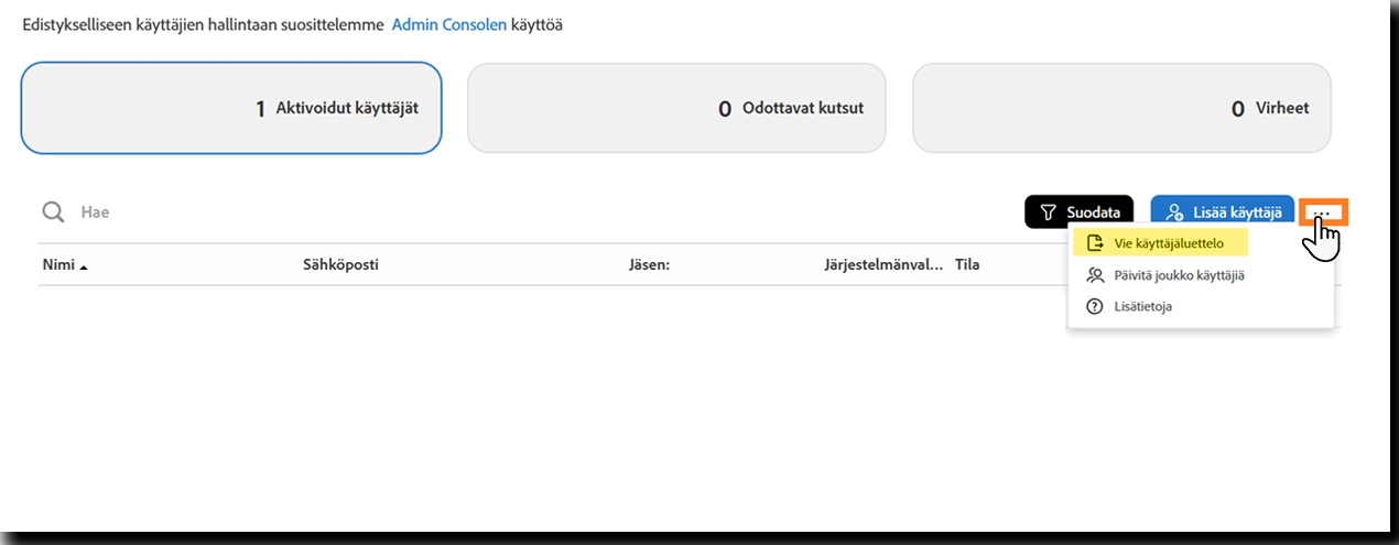 Käyttäjät-sivu, jossa Vie käyttäjäluettelo -vaihtoehto on korostettuna