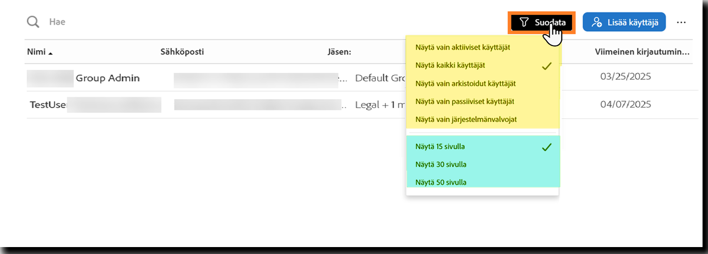 Käyttäjät-sivu, jolla hakukenttä on korostettuna