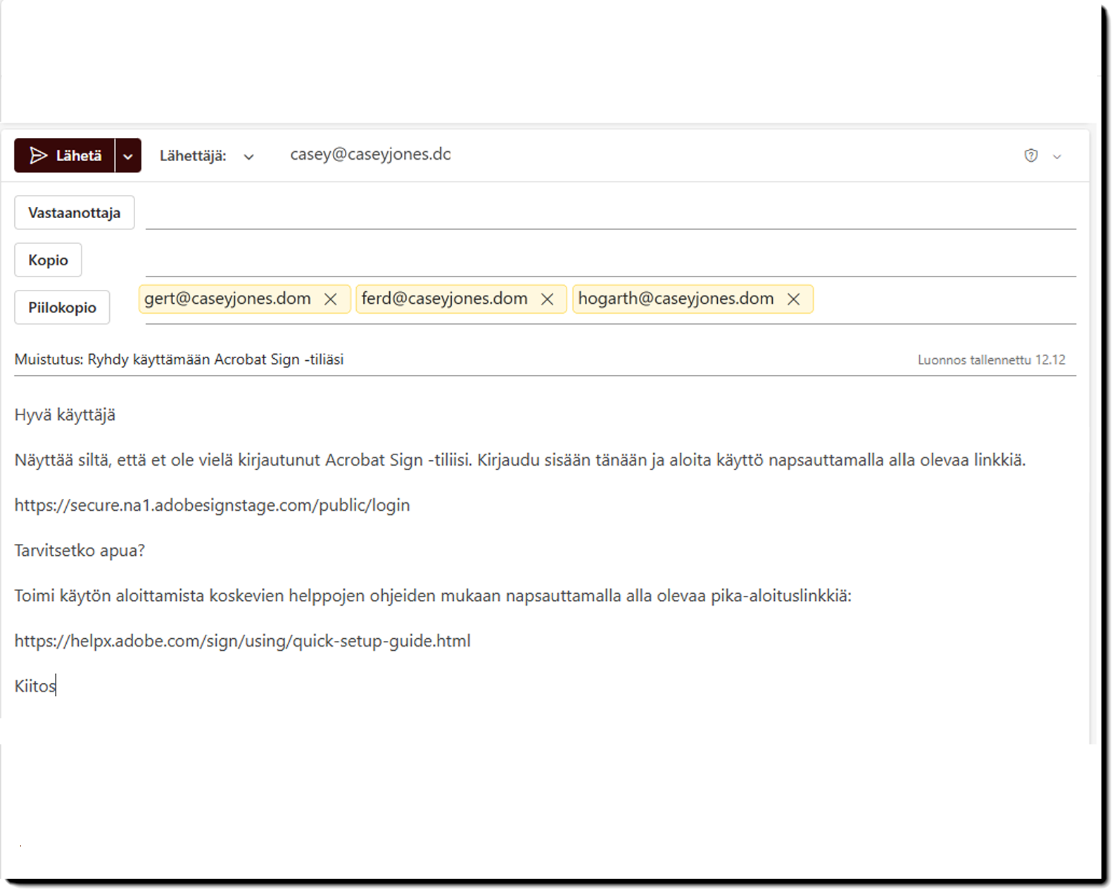 Esimerkki Odottavat kutsut -sähköpostimallista, jossa on kolme käyttäjäsähköpostiosoitetta BCC-kentässä
