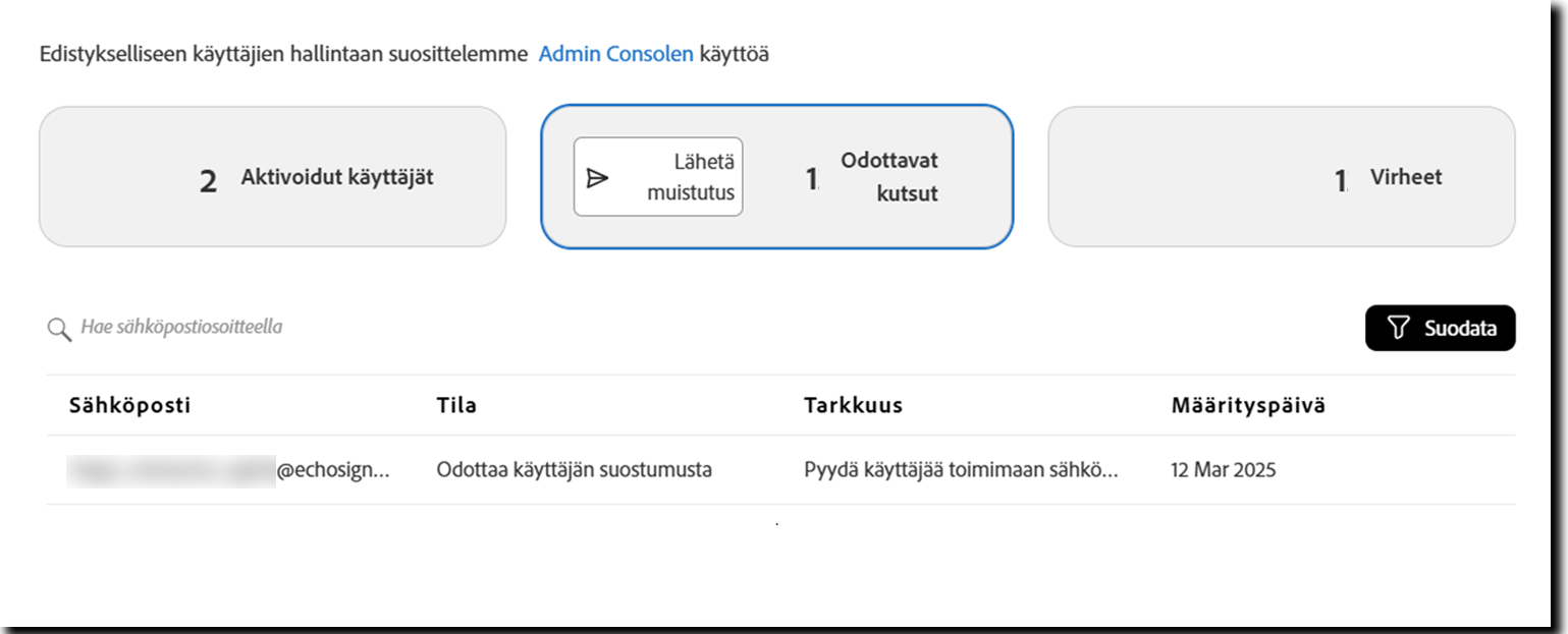 Käyttäjät-sivu, jossa näkyy Odottavat kutsut -näkymä