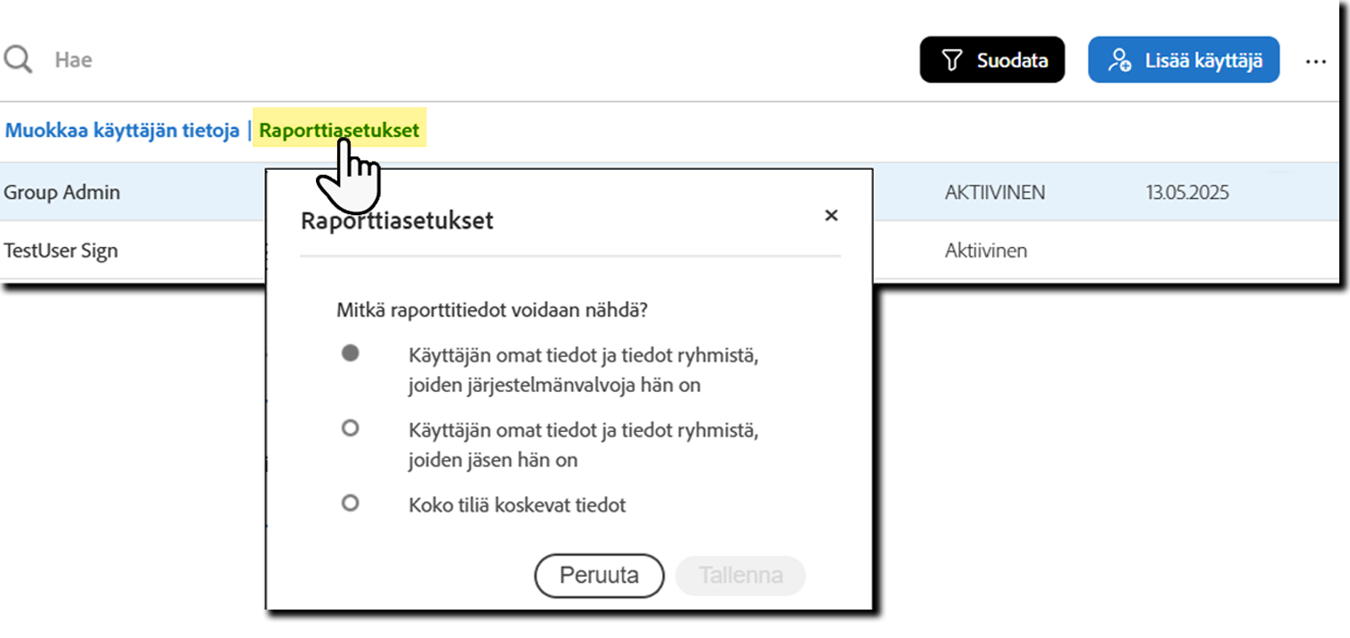 Laajennetut käyttäjätoiminnot, joissa Raportointiasetukset on korostettuna.