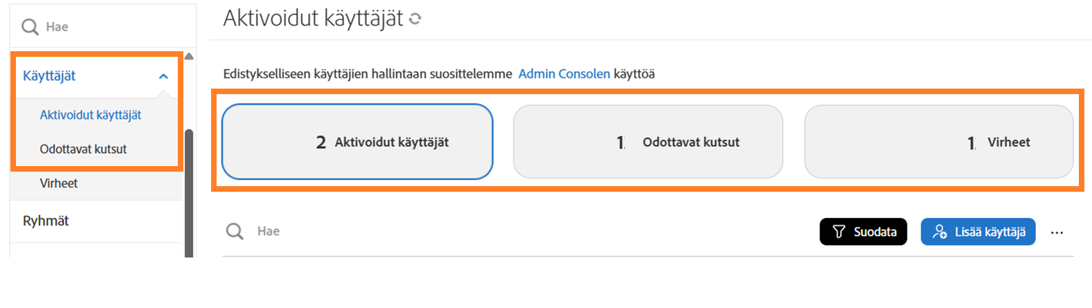 Käyttäjät-sivu, jolla on korostettuna kolme painiketta näkymien vaihtamiseksi