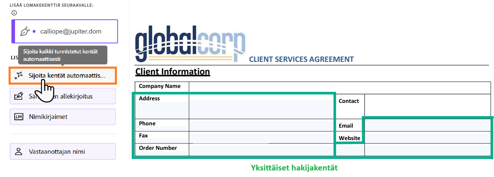 Sisällönluontiympäristö, jossa on Automaattinen täyttö -painike ja useita ehdokaskenttiä korostettuina.