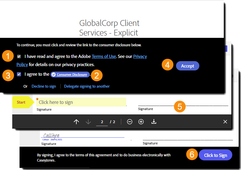 Eksplisiittinen suostumus napsauttamalla läpi käyttöehtojen ja kuluttajan ilmiantamisen hyväksymisvaiheet