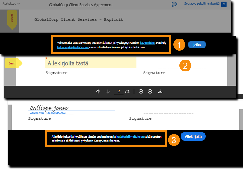 Käyttöehtojen ja Kuluttajan ilmituonnin suostumus allekirjoitettaessa