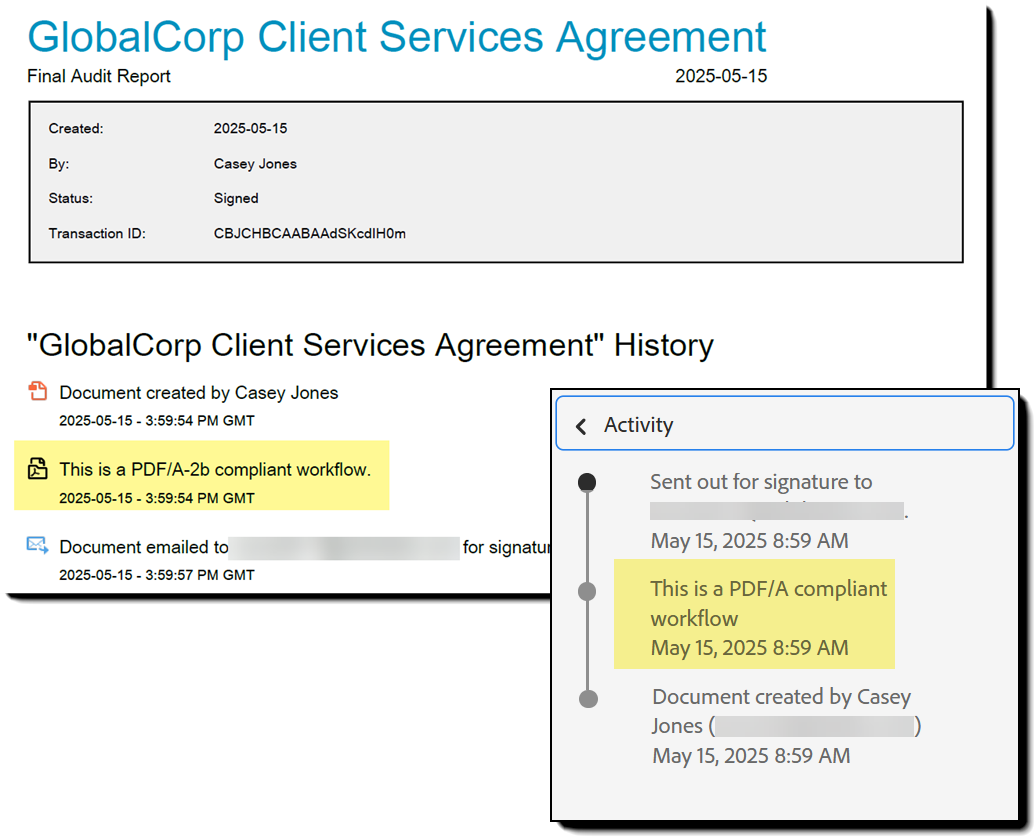 Valvontaraportti, jossa PDF-A-standarditapahtuma, on korostettuna
