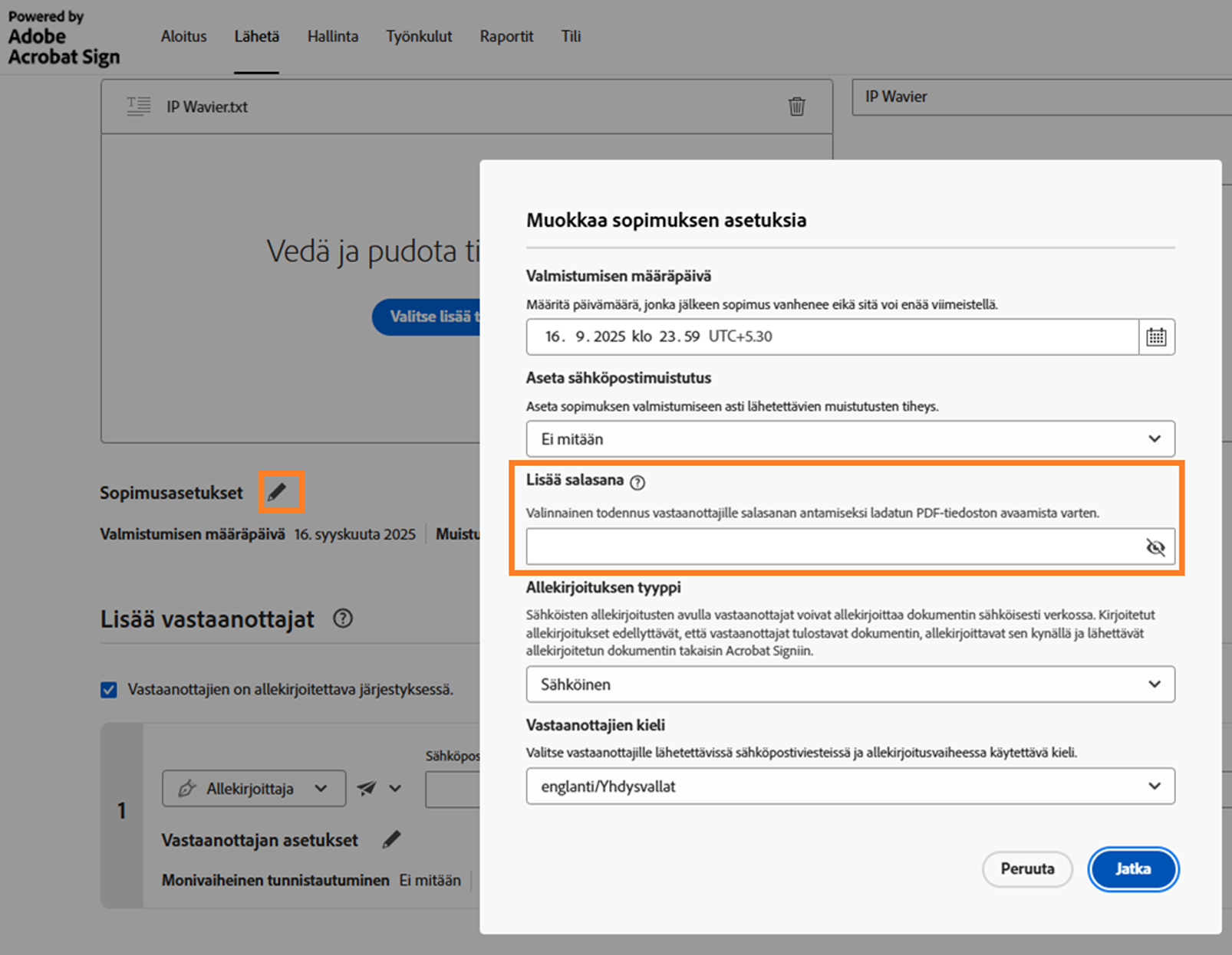 Sopimuksen Sopimusasetukset-osio, jossa Lisää salasana -vaihtoehto on korostettuna.