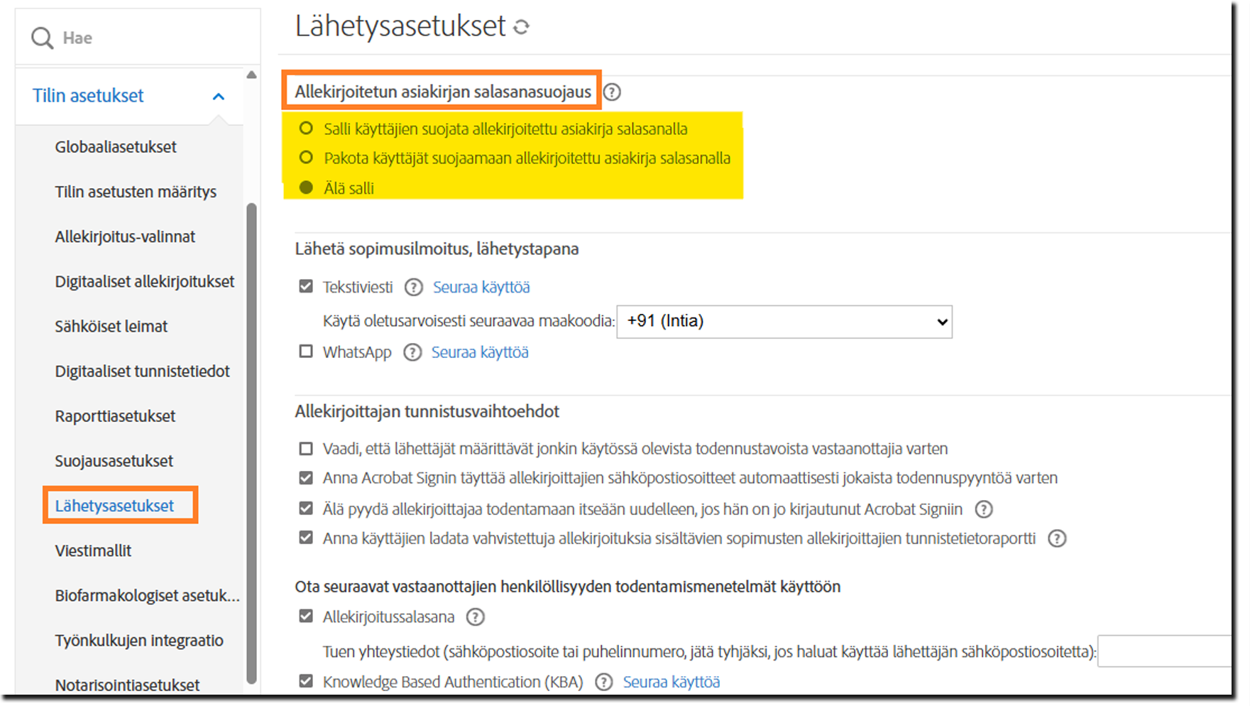 Järjestelmänvalvojan asetukset -kohdan Lähetysasetukset-valikko, jossa on korostettu Allekirjoitetun dokumentin salasanasuojaus -toiminnon asetukset.