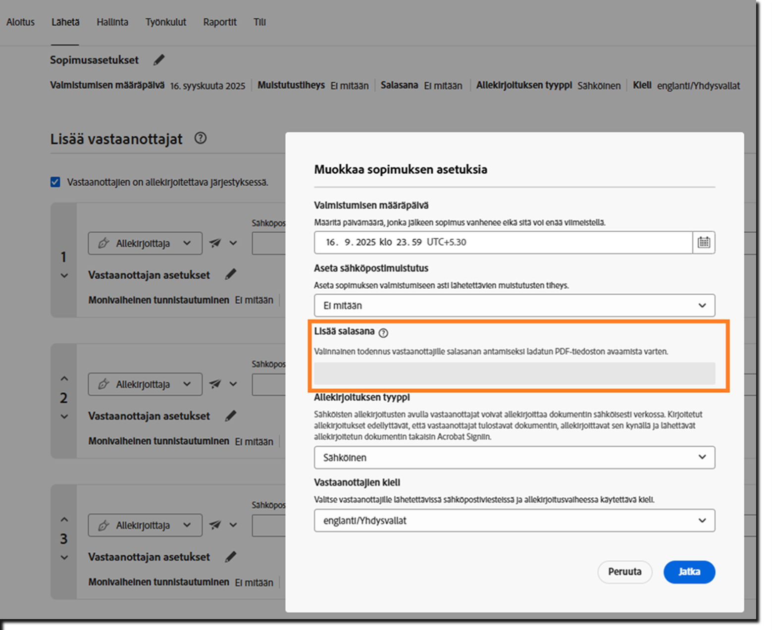 Sopimuksen Sopimusasetukset-osio, jossa lukittu Lisää salasana -kenttä on korostettuna.