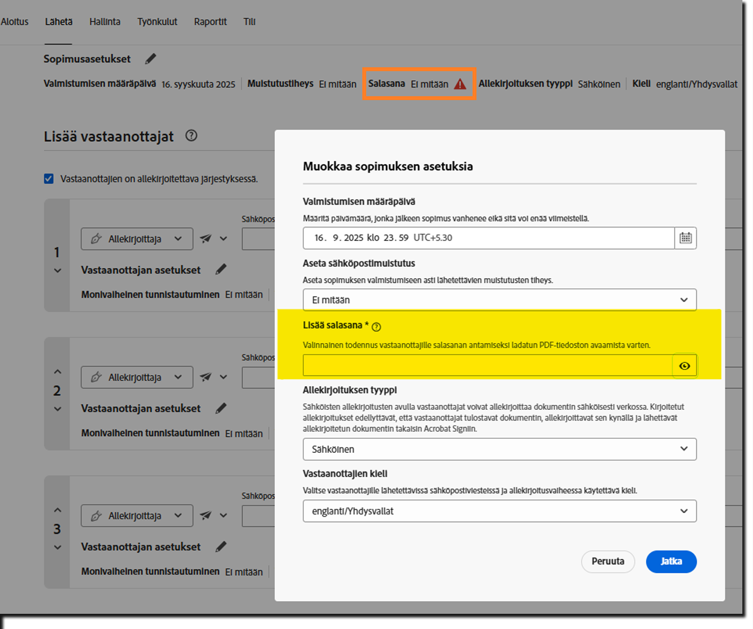 Sopimuksen Sopimusasetukset-osio, jossa Lisää salasana -vaihtoehdon määritysvaroitus on korostettuna.