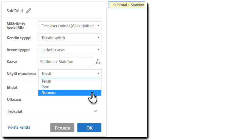 Näytä muodossa -kenttä