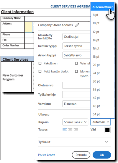 Tekstikentän kirjasimen koon ominaisuudet
