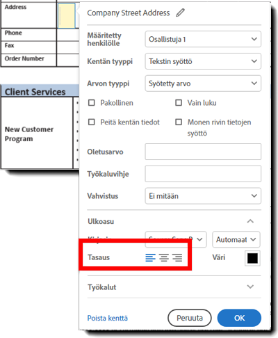 Tekstikentän kirjasimen tasauksen ominaisuudet