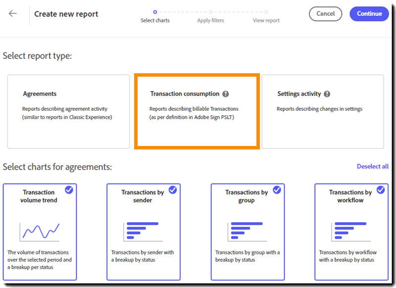 Raporttien valitsinsivu avautuu tapahtumien kulutusraportit suurennettuina