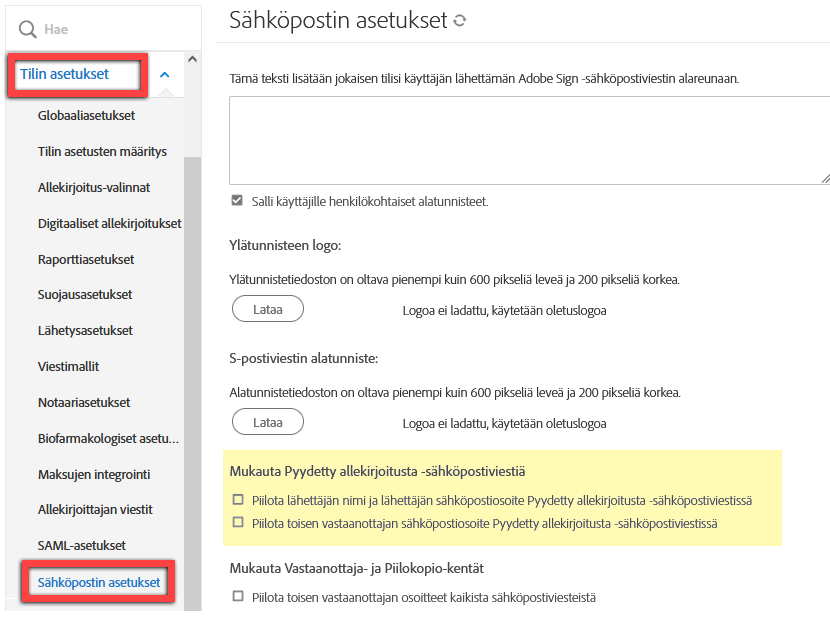 Siirry &quot;Mukauta Pyydettu allekirjoitusta -sähköpostiviestiä&quot; -asetukseen