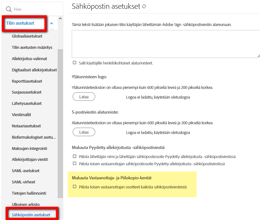 Sähköpostiviestien otsikoissa olevien vastaanottajien ja piilokopion saavien osapuolten sähköpostiosoitteiden piilottamiseen käytettävät säätimet