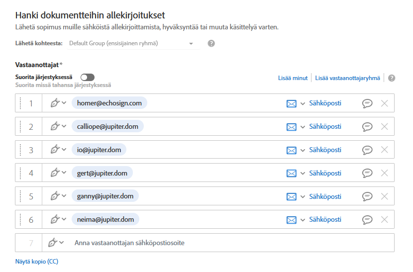 Sopimusta varten on määritetty kuusi vastaanottajaa