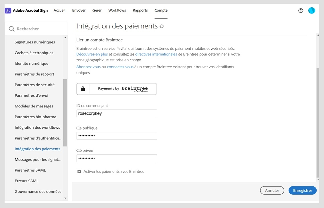 La page d’intégration des paiements d’Acrobat Sign présente des options permettant de fournir et d’enregistrer les nouvelles informations sur le commerçant afin de mettre à jour le recouvrement des paiements en ligne.