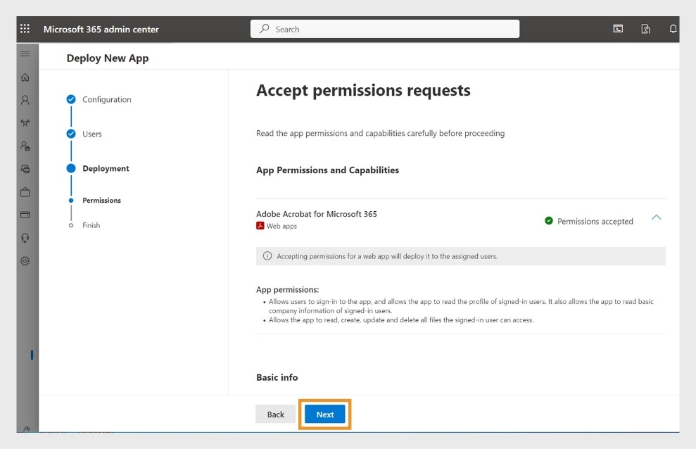La page Accepter les demandes d’autorisation affiche une coche verte en regard de l’option Autorisations acceptées. Le bouton Suivant est mis en surbrillance.