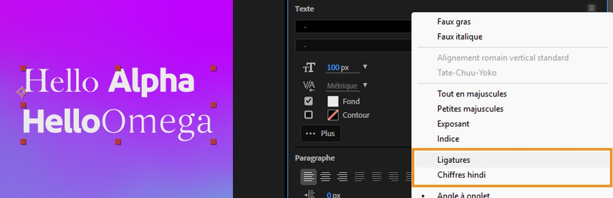 L’option Ligatures de police est mise en évidence dans le panneau Caractères d’After Effects.