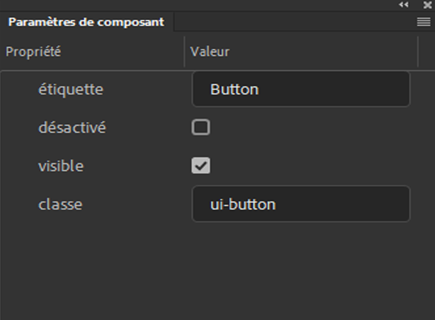 Panneau Paramètres de composant