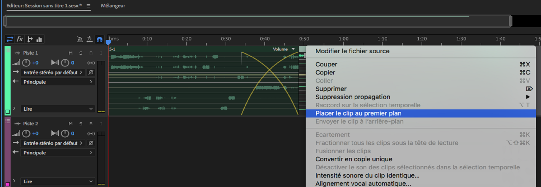Menu contextuel des clips