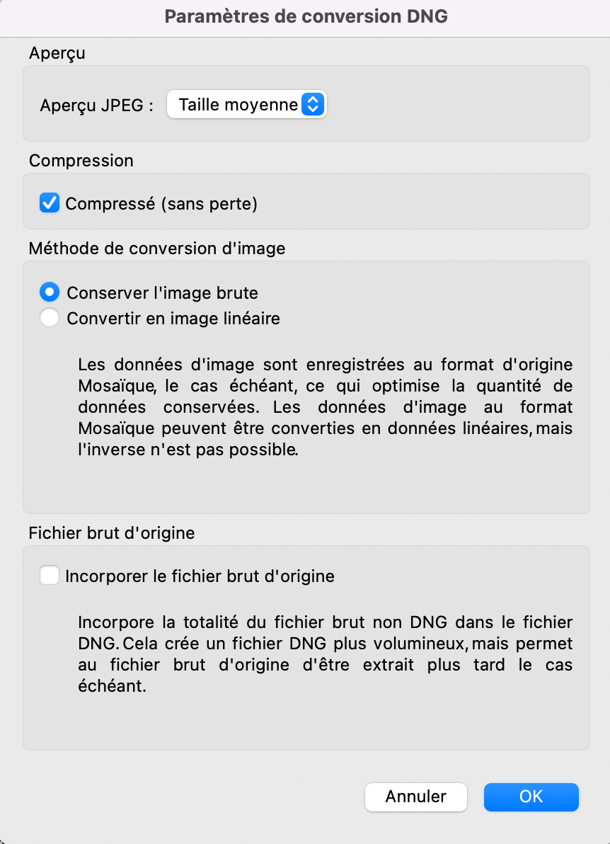 Boîte de dialogue Paramètres de conversion DNG dans Adobe Bridge
