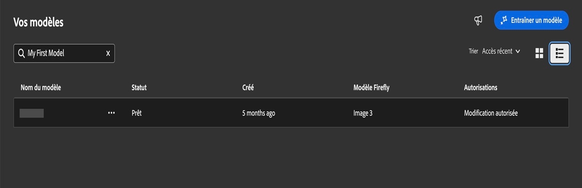 La page de Firefly comporte une section intitulée « Vos modèles » dans laquelle figure un tableau qui répertorie différents modèles. Le tableau se compose de colonnes intitulées « Nom du modèle », « Statut » et « Créé ». Les statuts affichés sont « Publié » et « Prêt » et sont accompagnés des dates de création. Il existe une option pour trier les éléments, actuellement définie sur « Trier par date de modification », qui organise les modèles étiquetés « Image 2 » et « Image 3 ».