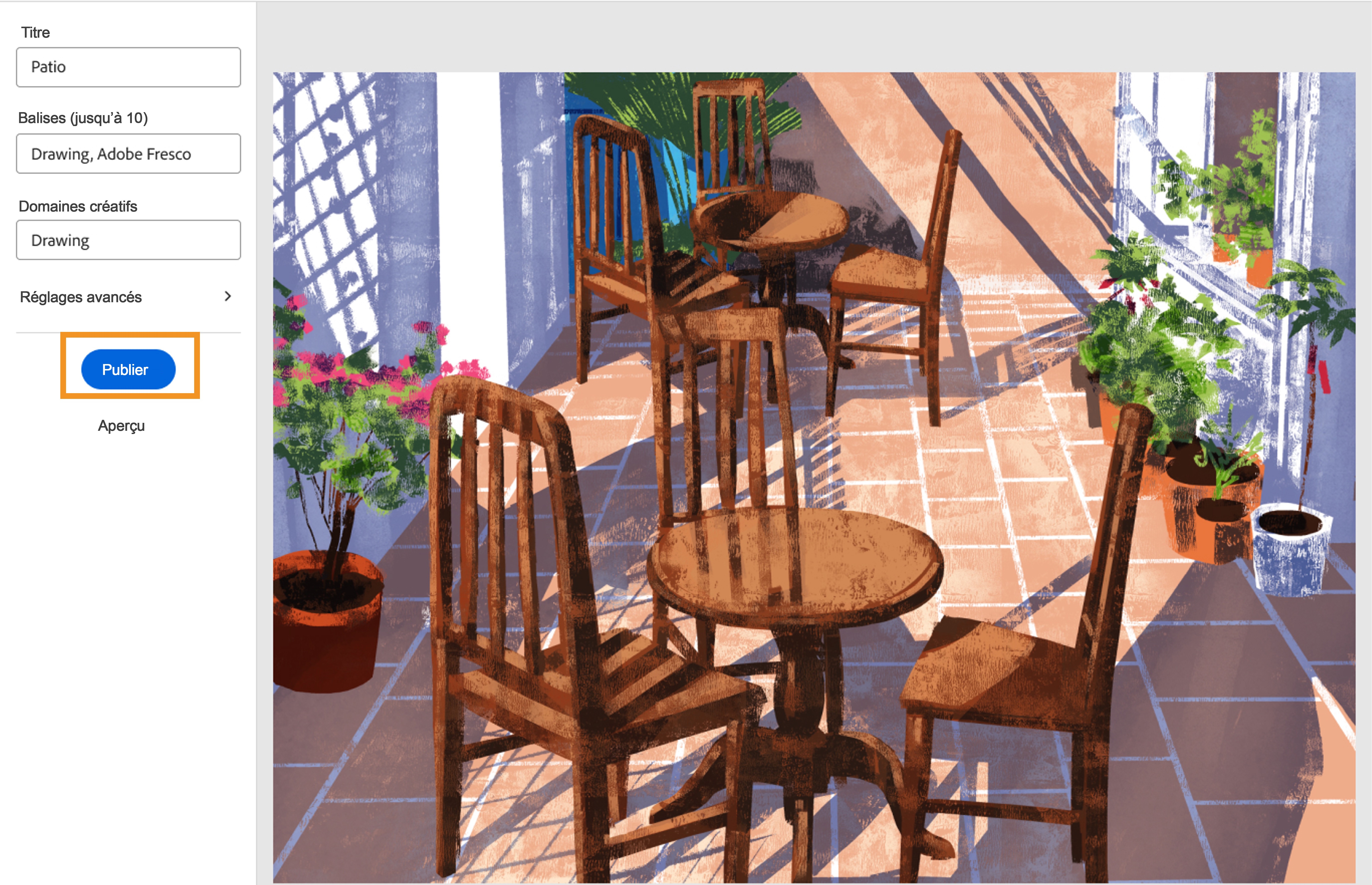 Écran « Éditeur de projet » dans Behance – Appuyez sur « Publier »