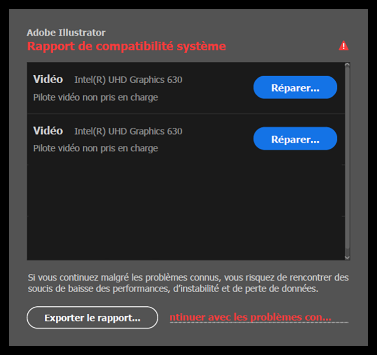 Rapport de compatibilité système pour les pilotes INTEL et NVIDIA GPU