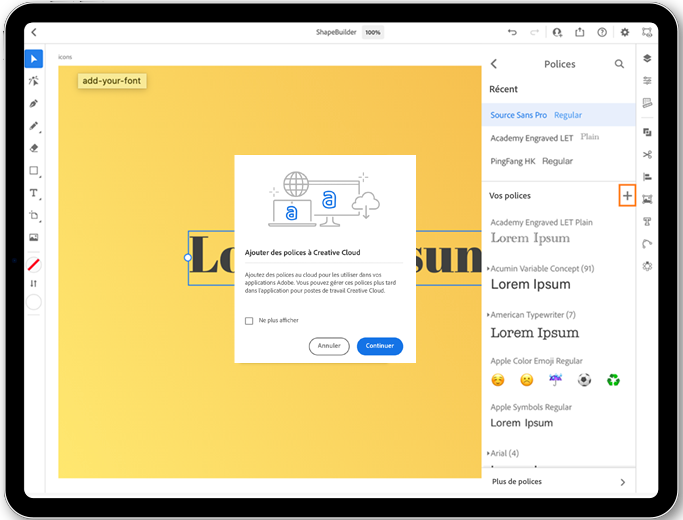 Vous pouvez mettre à jour vos polices directement depuis l’application. Cette image montre à quoi ressemble la liste des polices avec le bouton Ajouter. Cliquez sur ce bouton pour ajouter votre police depuis l’application. 