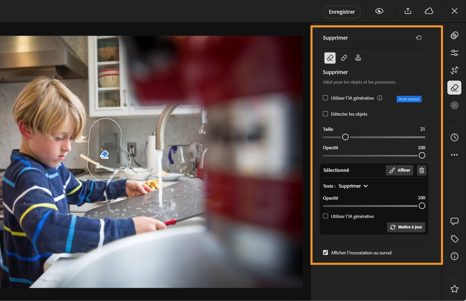 Le panneau de l’outil Supprimer est mis en surbrillance avec les icônes de clonage et de correction. Les cases IA générative et Amélioration basée sur l’objet s’affichent. Le curseur Taille est réglé sur 29, et le curseur Opacité sur 100.