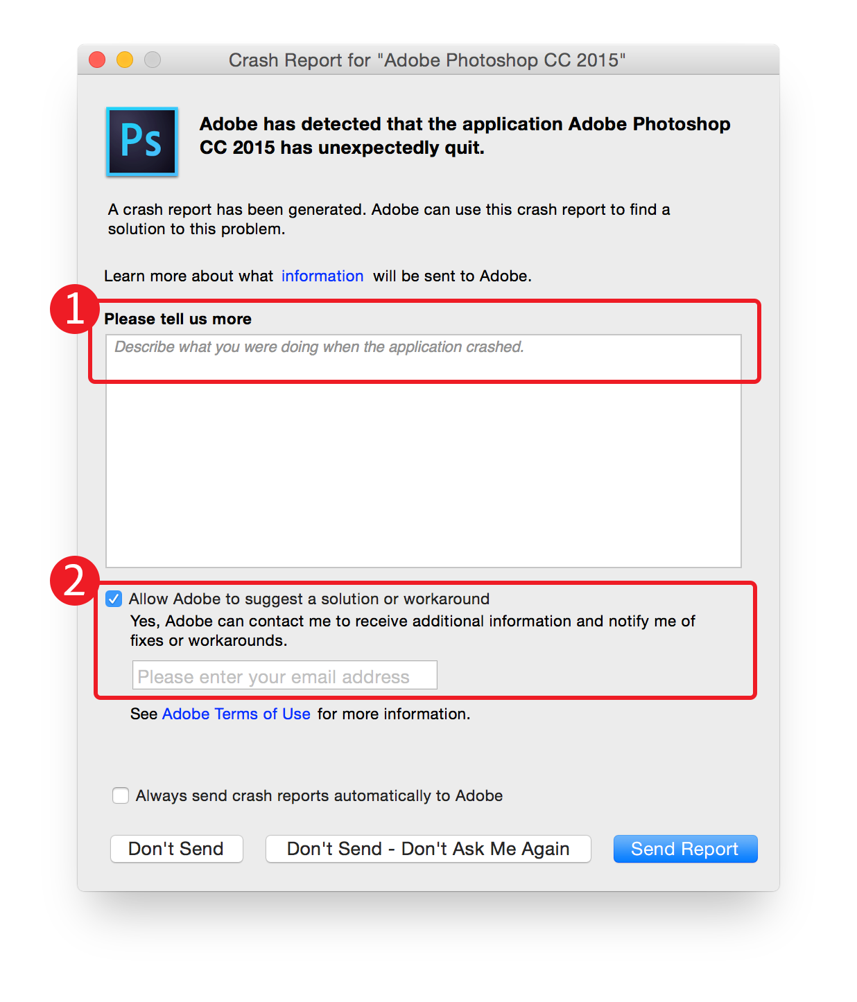 Photoshop envoyer un rapport de panne